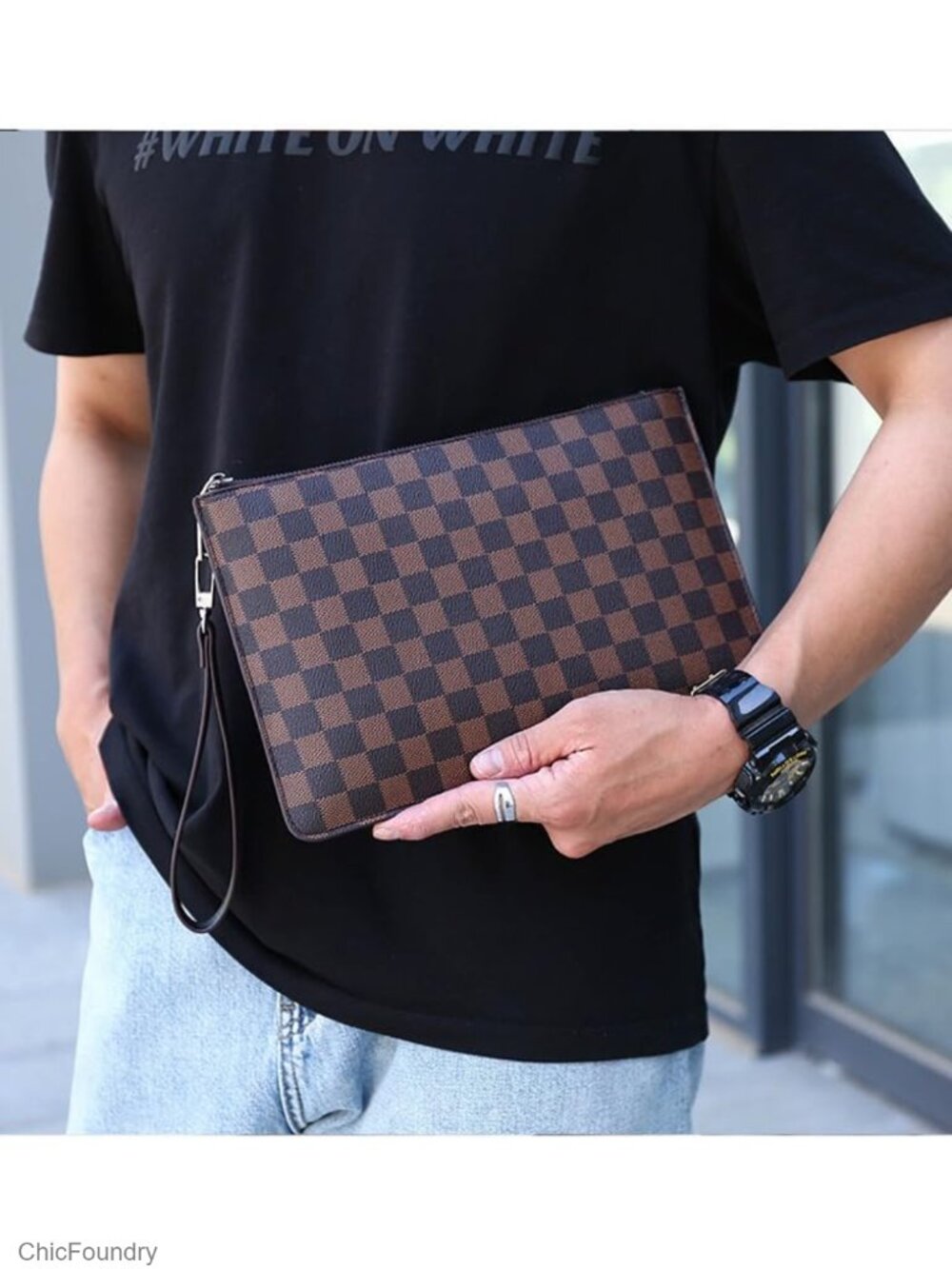 PU Leather Checkered Clutch Bag Slim Business Document Holder Wrist Strap - Picture 2 of 3